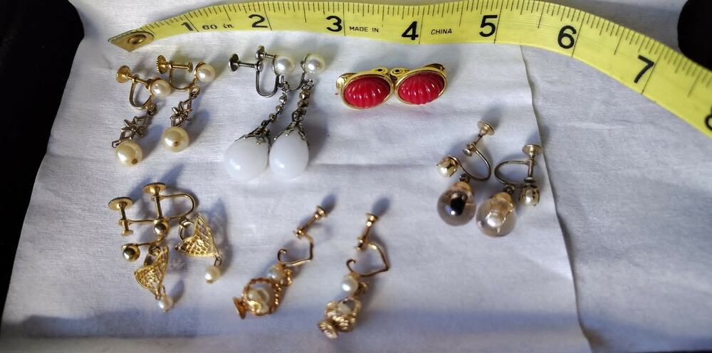 6pr non-pierced faux pearl, basket, globe, red, heart earrings vintage